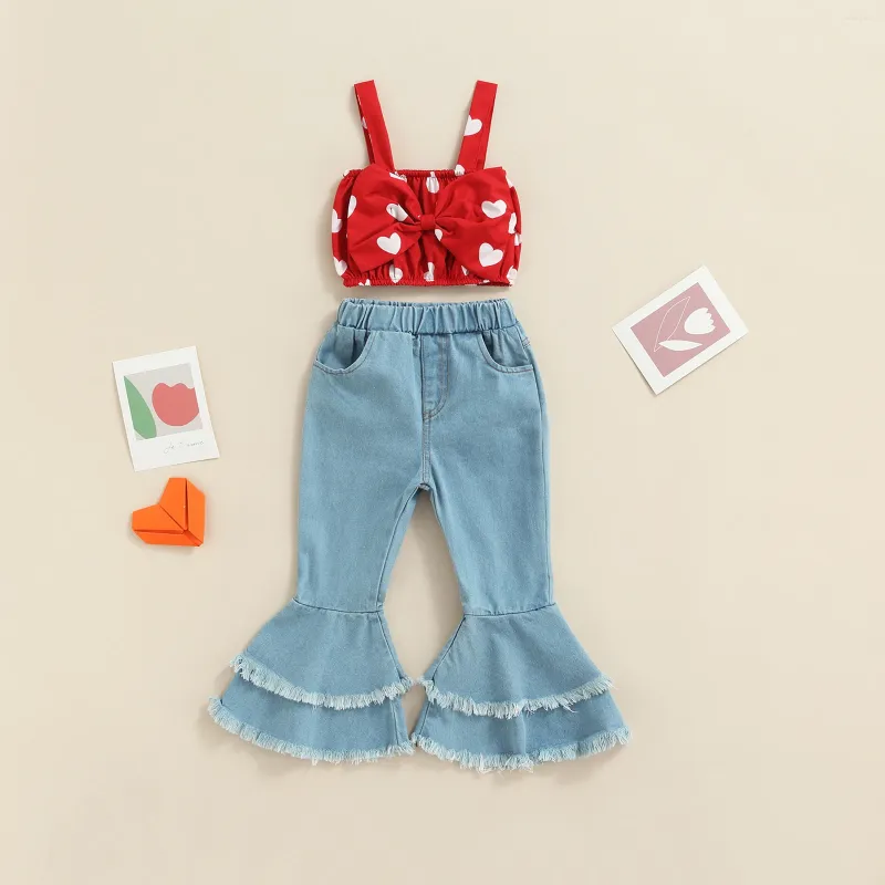 Kläder sätter 2st mode sommar barn flickor kläder hjärttryck ärmlös remt tank tops denim flare pants kläder 1-6y