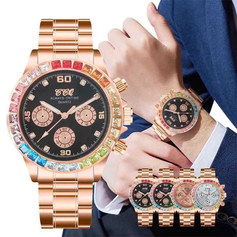Un originale 1 a 1, il mercato degli orologi R olax leader nel mondo, in acciaio inossidabile, con strass, diamanti, da uomo, a tre occhi, quadrato, hip hop inesperto, con confezione regalo.