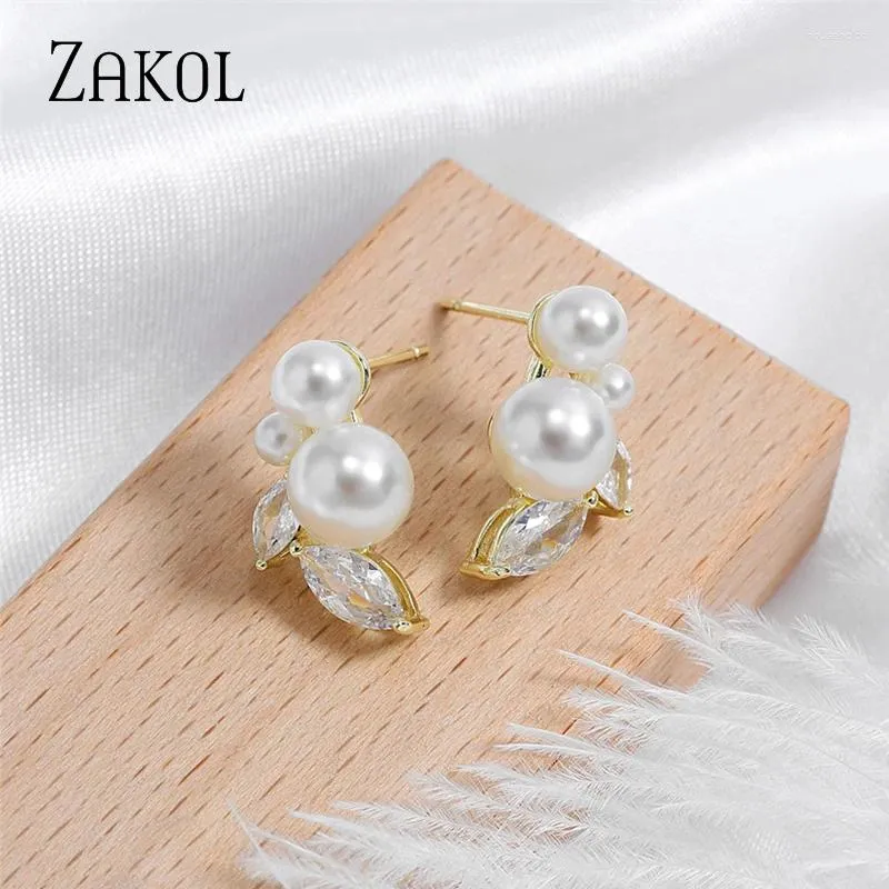 Stud Earrings ZAKOL Cute White Imitation Pearl For Women Shiny Zirconia Leaf Earring Girls Party Wedding Jewelry