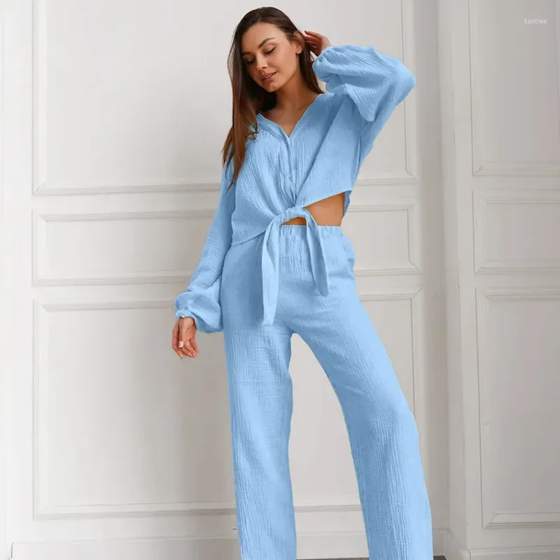 Pijamas femininos outono e inverno simples calças de mangas compridas pijamas conjunto de duas peças estação independente cross-border home wear para mulher