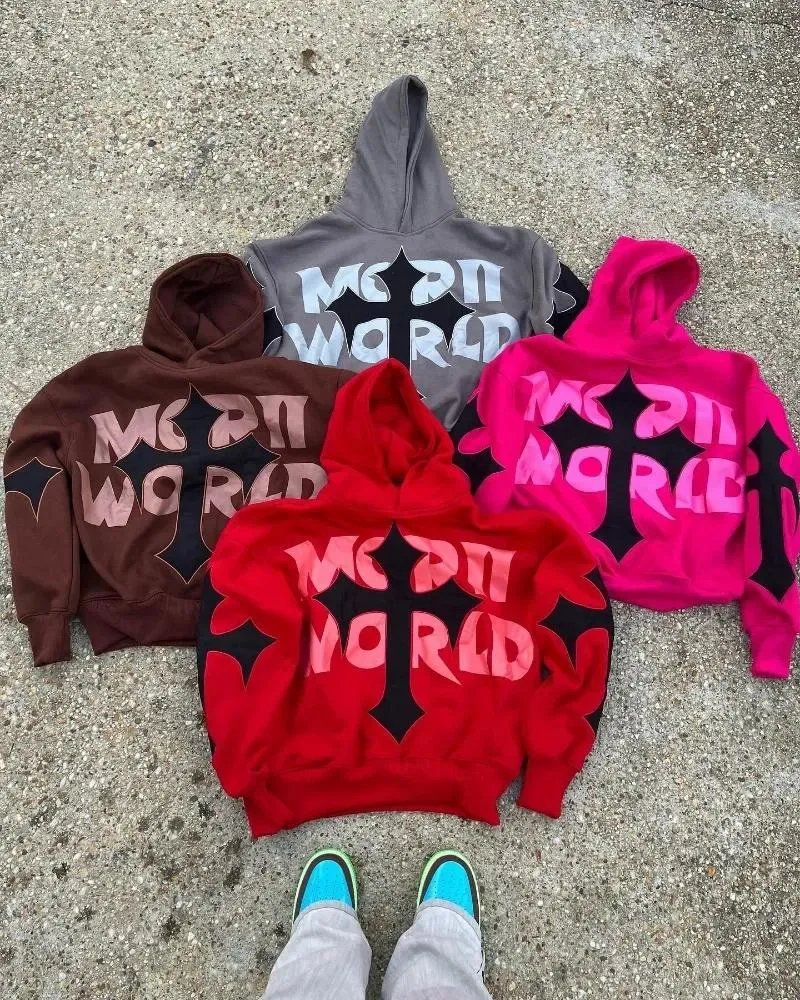 Kadın Hoodies Geometrik Çapraz Desen Mektup Baskı Tasarımı Sıradan Kadınlar 2024 Moda Harajuku Hip Hop High Street Baggy Sweatshirt