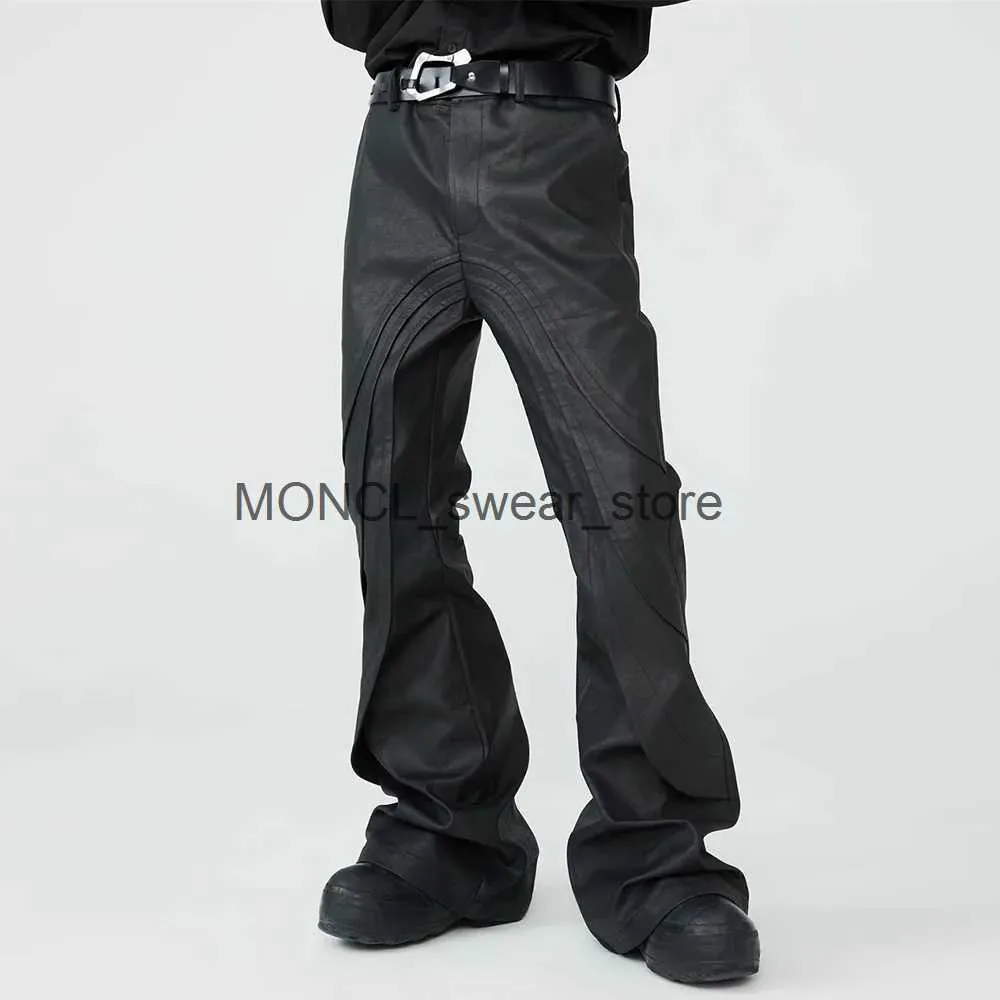 Men's Jeans Streetwear Wide Leg Wax Pu Leather Boot Cut Black Color Baggy Casual Flared Jeans Straight Casual Cargo Pants OversizedH24131