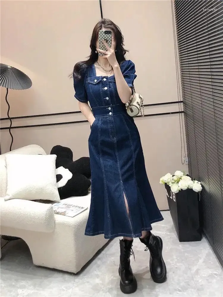 Party Dresses 2024 Summer Bubble Short Sleeve Square Neck Denim For Women Retro High Waist Slim Split Fishtail Mid Length Dress