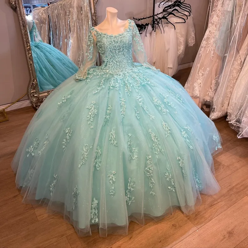 Aqua azul brilhante quinceanera vestidos doce 16 vestidos de baile de formatura manga comprida apliques rendas tull vestidos de 15 anos vestido de baile