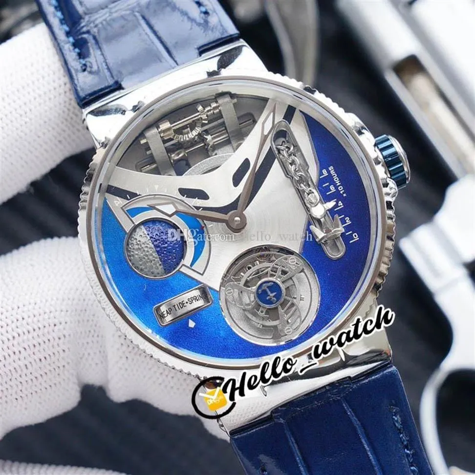 Versão novo mega iate 44mm 6319-305 esmalte 3d azul dial automático tourbillon relógio masculino caixa de aço relógios de couro azul hell255v