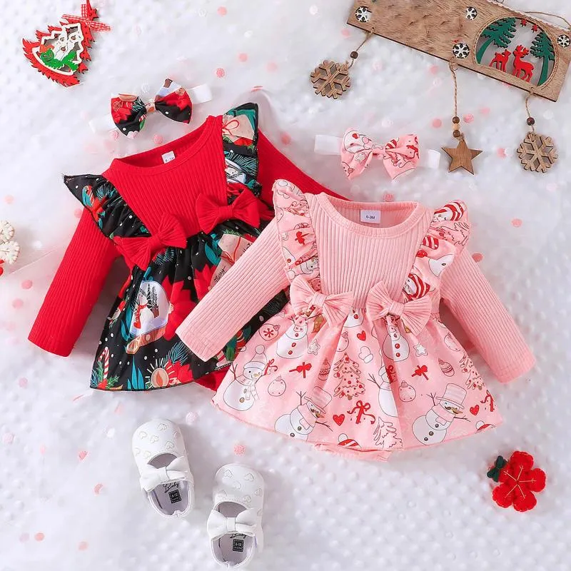Rompers 0-18M Christmas Baby Girl Romper Dress Born Infant Ribbed Ruffle Long Sleeve Bow Jumpsuit Red Print Xmas Costumes Outfit