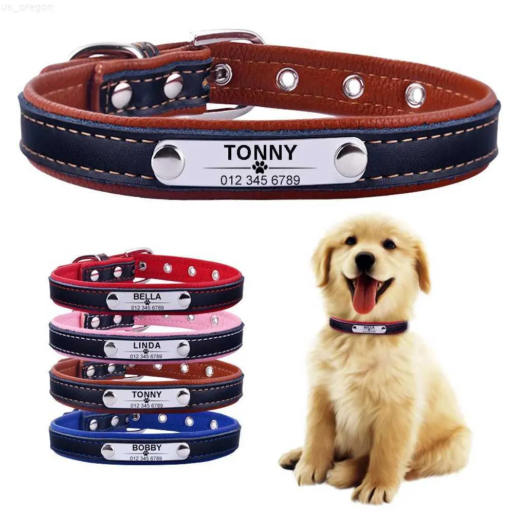 Colliers pour chiens Laisses AiruiDog Collier de chien personnalisé réglable en cuir Nom d'identification de chiot personnalisé gravé XS-L