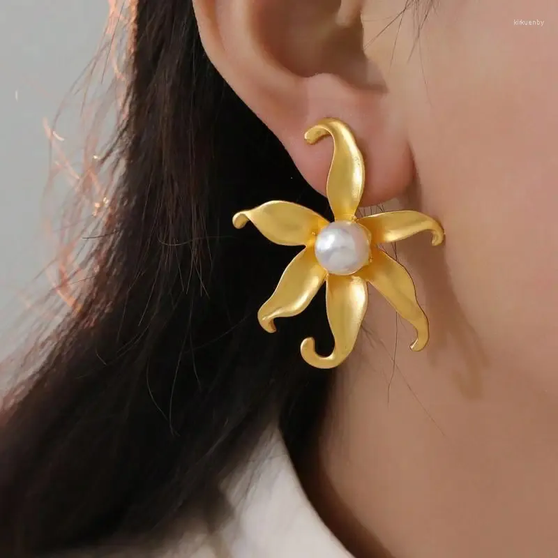 Stud Earrings Goth Exaggerate Metal Petal Flower For Women Fashion Statement Trendy Gold Color Piercing Y2K Accessories