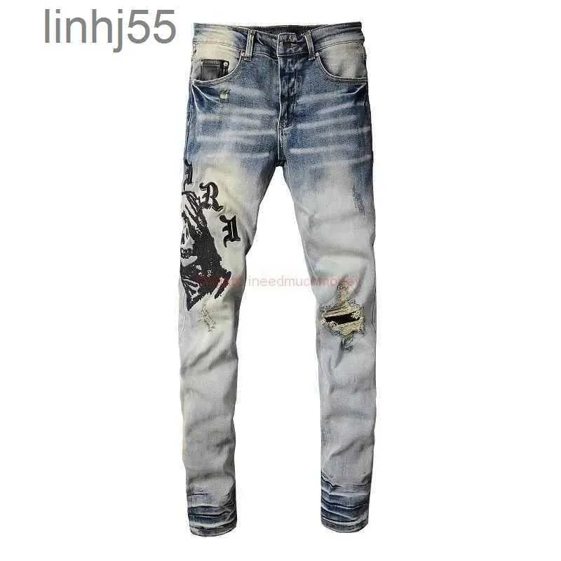 Jeans da uomo Abbigliamento firmato Amires Pantaloni denim High Street Amies Marchio di moda 882 Blu Gorilla Head Ricamo Stretch Hole Trend SliJI8A
