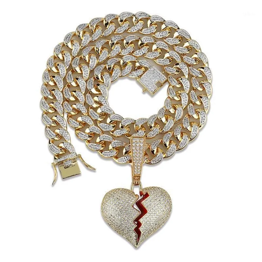 Iced Out Heart Necklace Pendant med 14 mm bredd Big Cuban Chain Gold Silver Color Cubic Zircon Men's Women Hip Hop Jewelry1245x