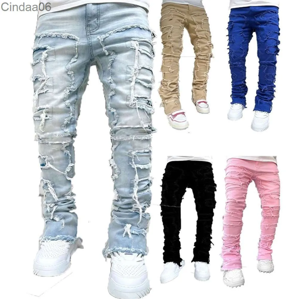 Nya herrar denim raka ben byxor street mode ins elastiska lapp jeans byxor för man kläder kläder