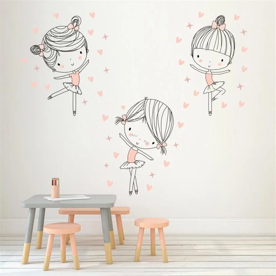 3pcs / set mignon ballet filles danse vinyle stickers muraux drôle de bande dessinée danseurs sticker mural pour enfants chambres chambre décor à la maison JH2017 Y269u