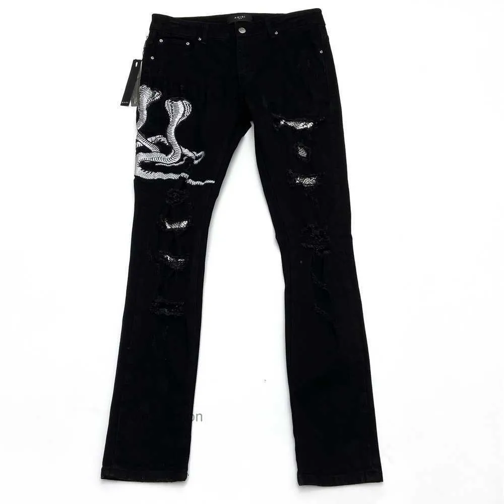 Męski projektant dżinsów Amirs Mens Jean 2023 Classic Black Snake Puzzle SLP Slim Cut Mała noga FashionQ169