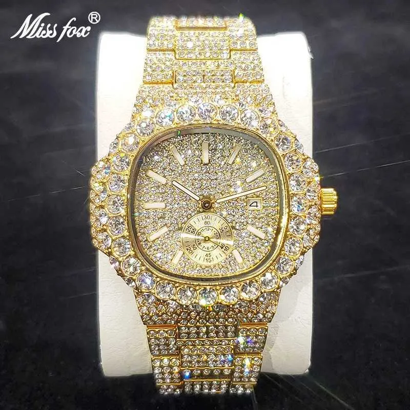 Other Watches Luxurious 18K Gold Plated Watches Men Popular Hip Hop Diamond Quartz Watch High End Iced Out Stainless Steel Clock Dropshipping J240131