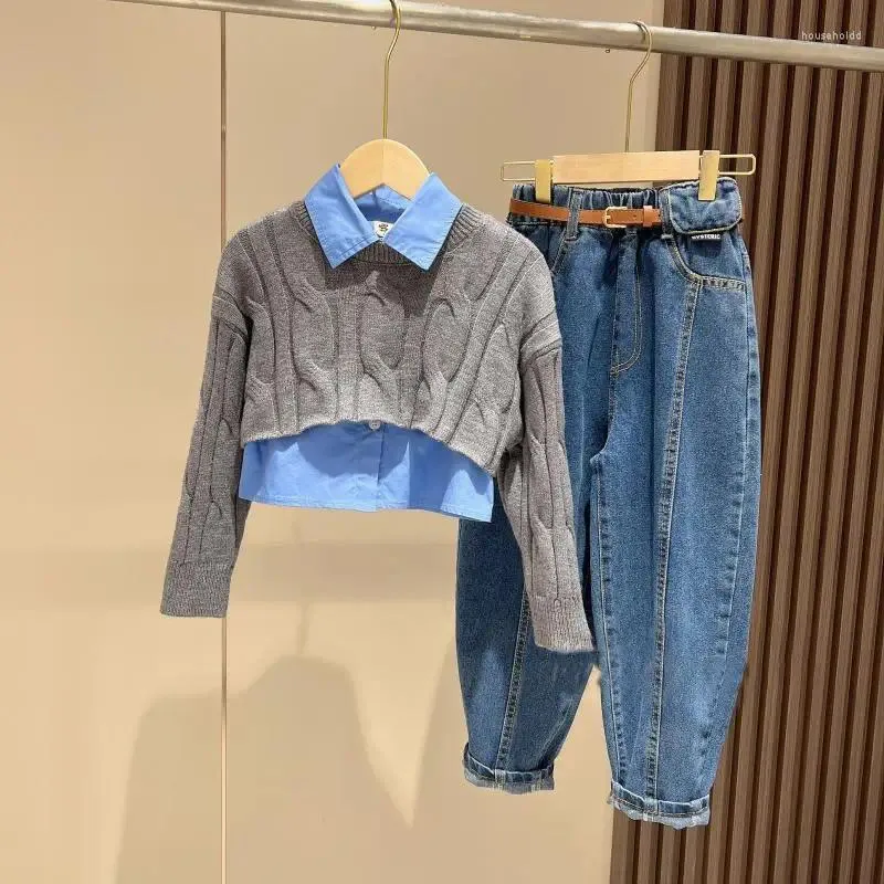 Kledingsets Tienermeisjeskledingset Shirt Trui Jeans Riem 4 stuks Kinderen Grote meisjespak Modieuze kinderoutfits 6 8 10 12 14 15