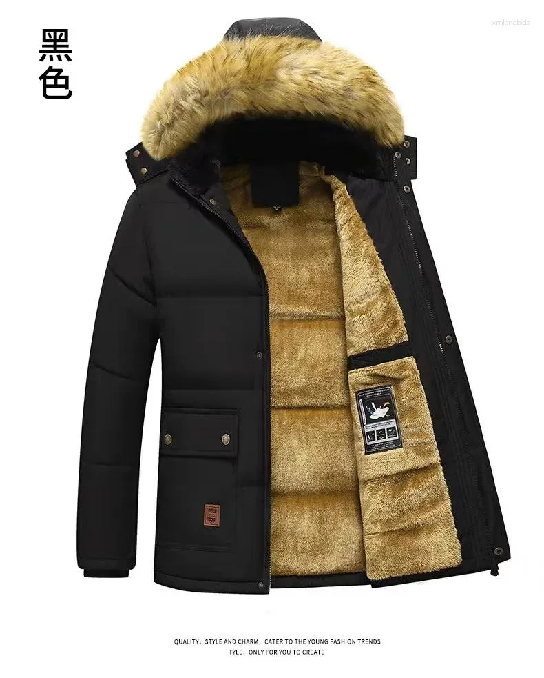 Männer Jacken 2024 Männer Winter Parka Fleece Gefüttert Dicke Warme Kapuze Pelz Kragen Mantel Männliche Größe 5XL Plüsch Jacke Herbst arbeit Outwearing Schwarz