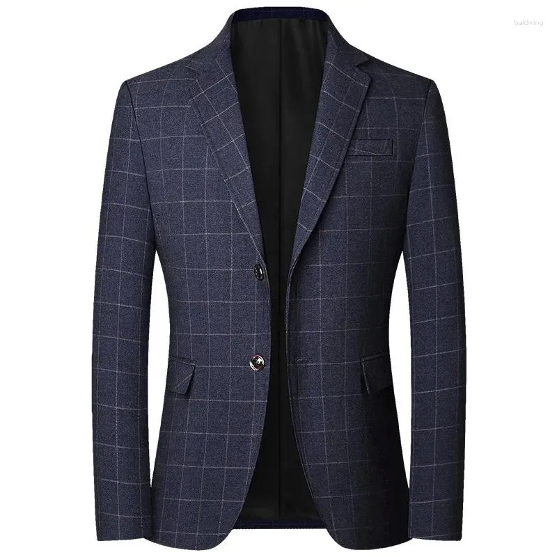 Men's Suits Men Blue Plaid Blazers Jackets Business Formal Wear Coats Spring Autumn Male Casual Slim Fit Size 4XL