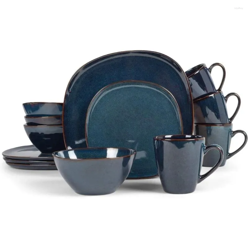 Tallrikar 16-stycken slät vintage glans keramik stoare fyrkantig platta mugg skål kök servis 16 stycke set marin blåfreight gratis
