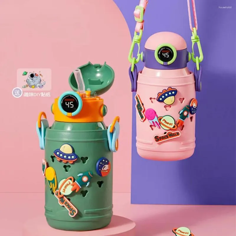 Water Bottles Kids Thermos Mug With Straw Stainless Steel Cartoon Vacuum Flasks Children Cute LED Temperature Display Thermal Bottle