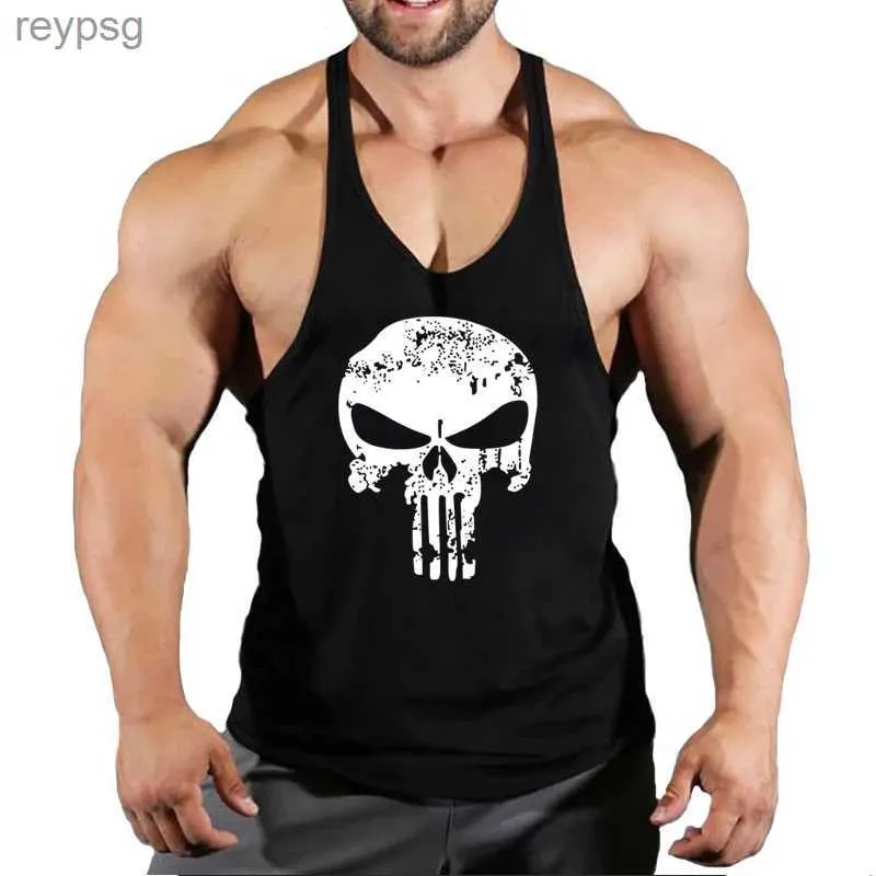 Herrtankstoppar Gymträning ärmlös skjorta Stringer Top Men Bodybuilding Clothing Fitness Mens Sportwear Vests Muscle Singlets Skull YQ240131