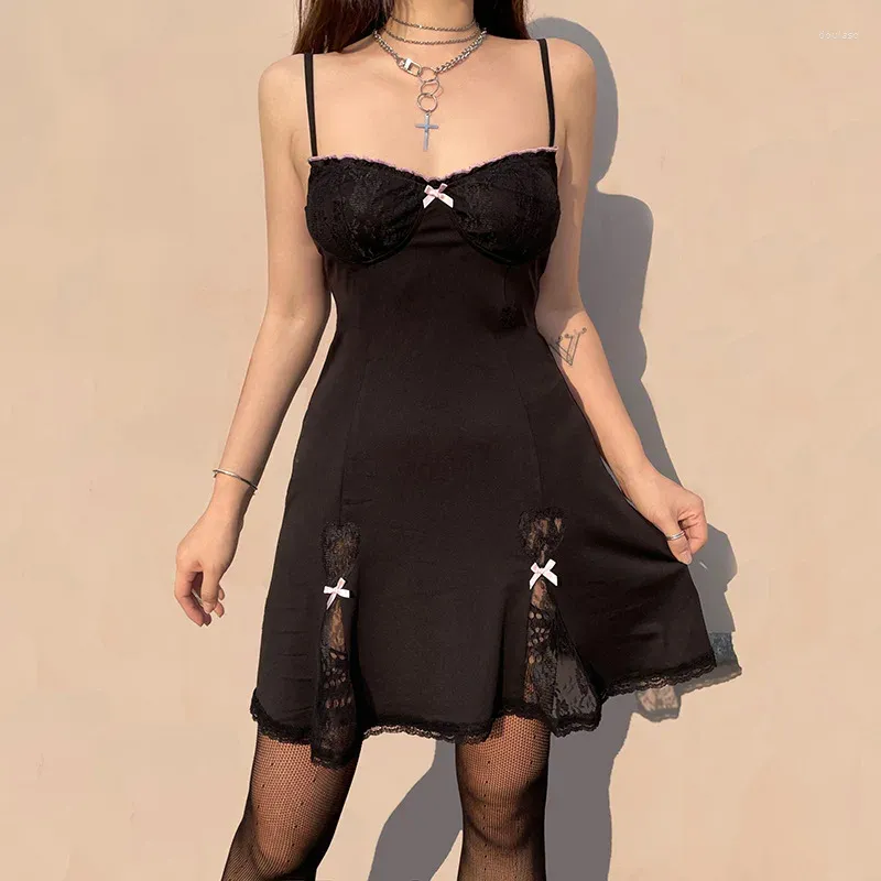 Casual klänningar kvinnor spets trim lolita klänning kontrast färg v-hals ärmlös båge goth mörk estetik a-line y2k fairy grunge streetwear