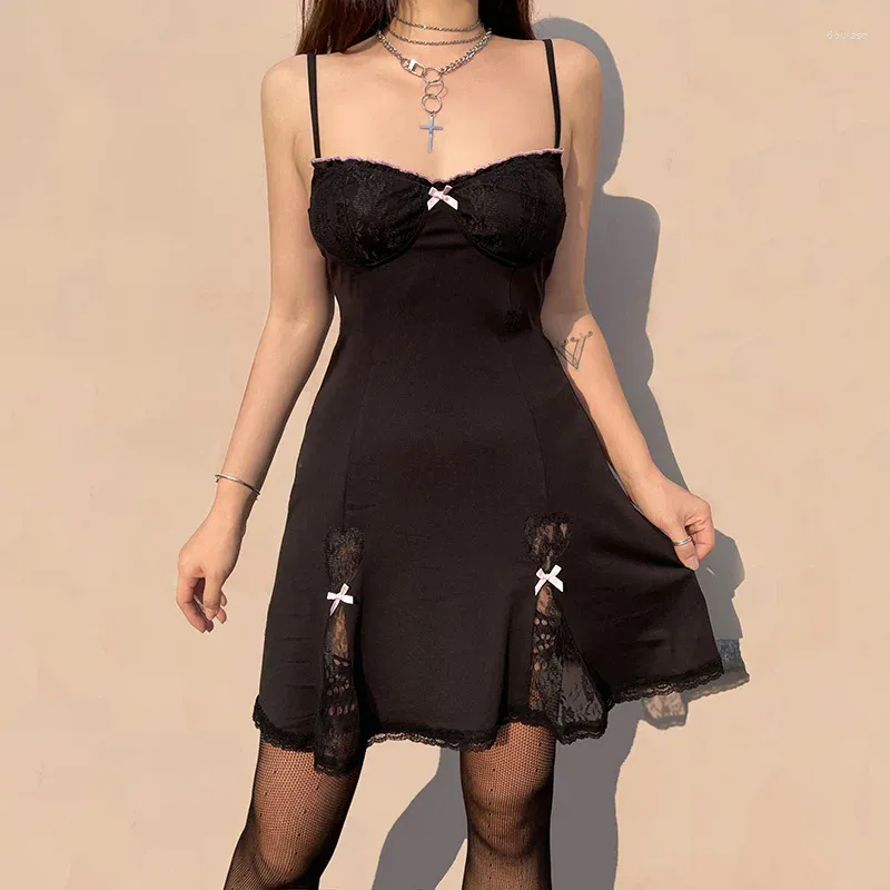 Casual Dresses Women Lace Trim Lolita Dress Contrast Color V-neck Sleeveless Bow Goth Dark Aesthetic A-line Y2k Fairy Grunge Streetwear