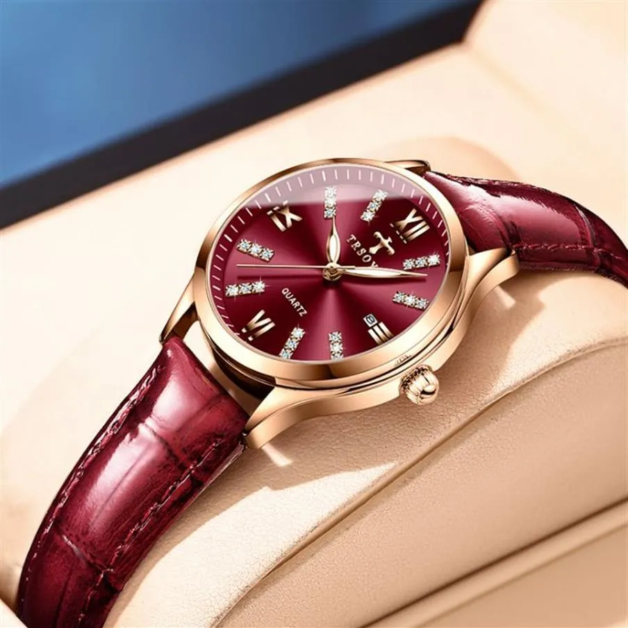TRSOYE брендовые женские часы с винно-красным циферблатом, дышащий кожаный ремешок, женские часы со светящейся функцией, модные наручные часы Goddess226h