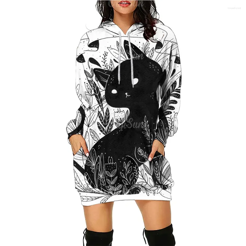 Casual Dresses Sweatshirt för kvinnors 3D -konstkattmönster Lång ärm Pullover Fashion Medium Längd Hoodie Winters Female Hooded Dress