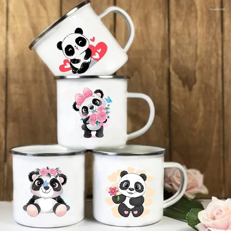 Mugs Drink Dessert Breakfast Milk Cups Kid Flower Panda Printed Creative Enamel Water Cup Handle Mug Birthday Gifts For Childen