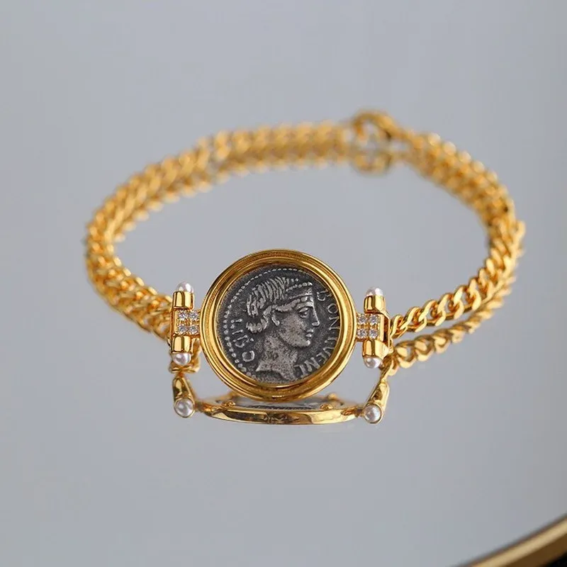 Bangles Hot Selling European and American Famous Brand Ancient Roman Silver Coin Bracelet Retro Relief Goddess of Luck Fashion Jewelry