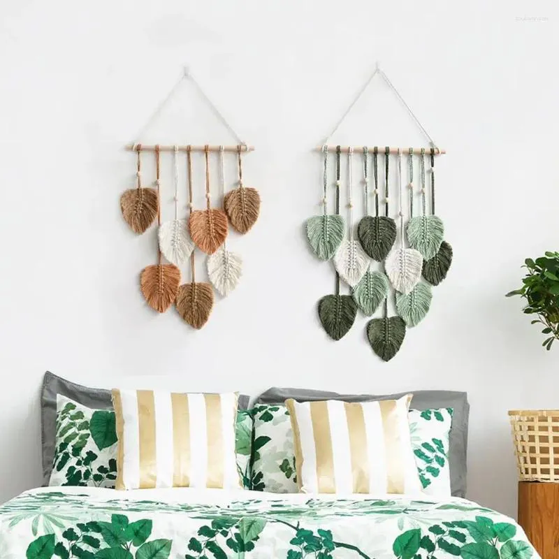 Tapestries Cozy Room Decor Cotton Rope Wall Boho Macrame Handmade Yarn Woven Art Leaf Tapestry With Faux Feathers For Home