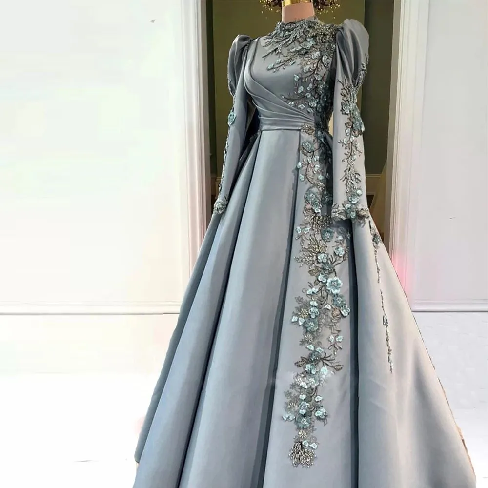 2024 Robes de soirée sexy portent un col haut musulman manches longues gris dentelle appliques fleurs cristal robe de bal robe de bal en satin fête pageant robes formelles longueur de plancher