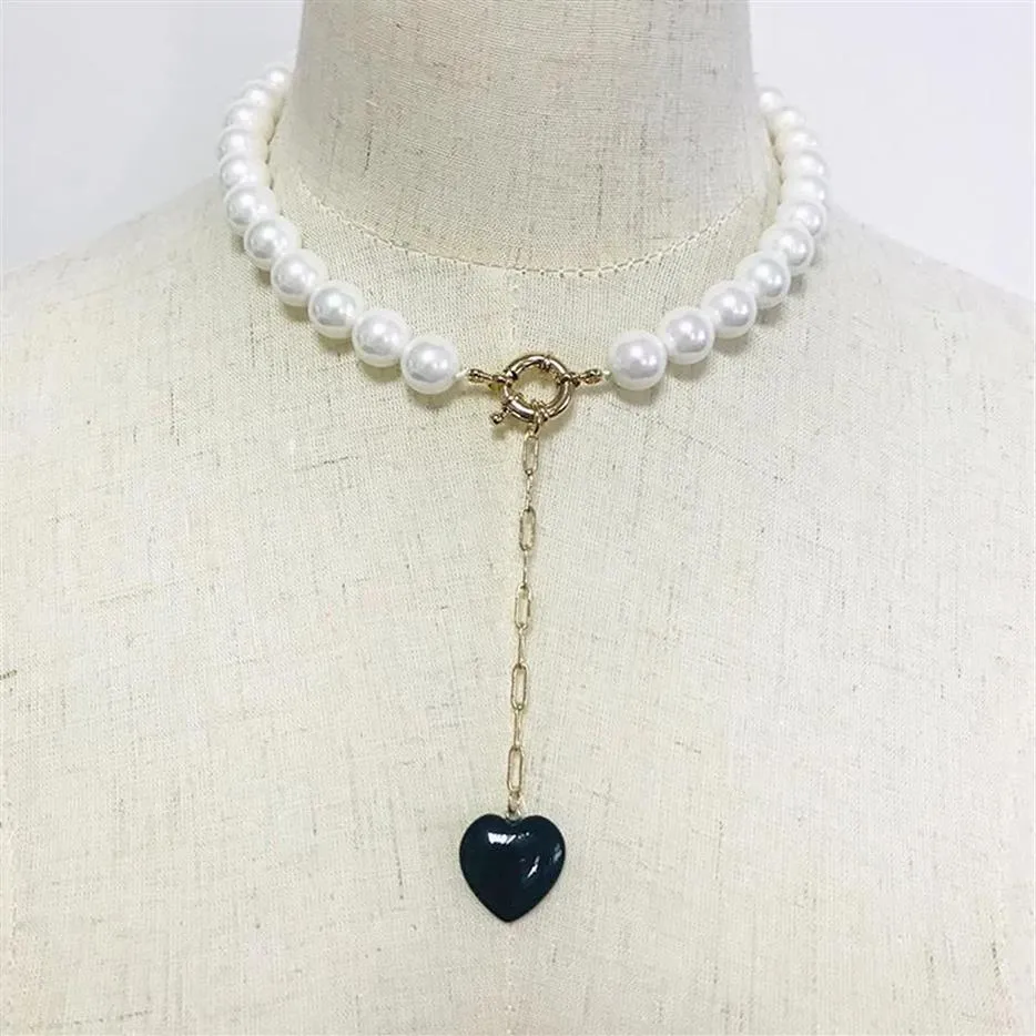 Collier de perles d'eau douce fait à la main, bijoux à col court, pendentif en pierre noire, Banquet de mariage, femmes, ajouter des vêtements glamour, accessoires Ne230p