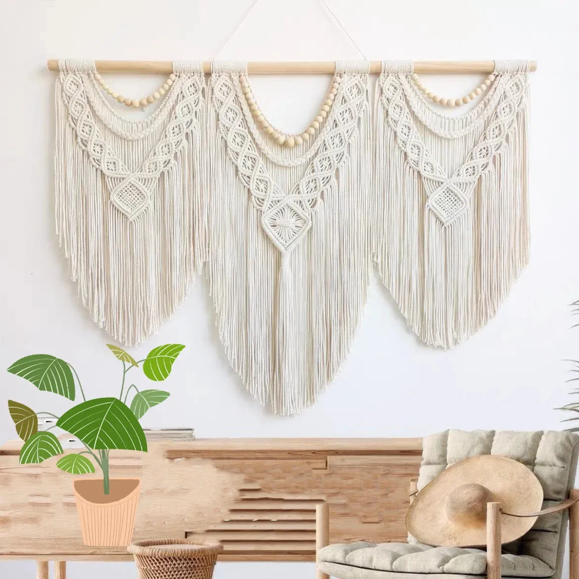 Macrame Handwoven Bohemian Cotton Rope Boho Tapestry Home Decor Creamy-White Wall Hanging Decoration Art Tapestry 240118