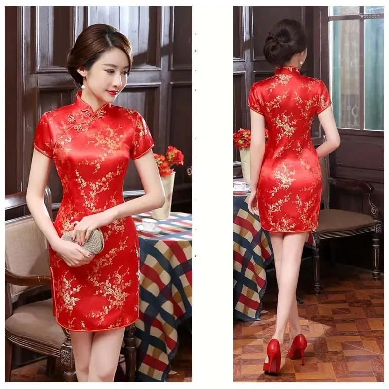 Vêtements ethniques Robe courte Cheongsam améliorée Femmes Été Vintage Plum Floral Slim Robes 3XL 4XL