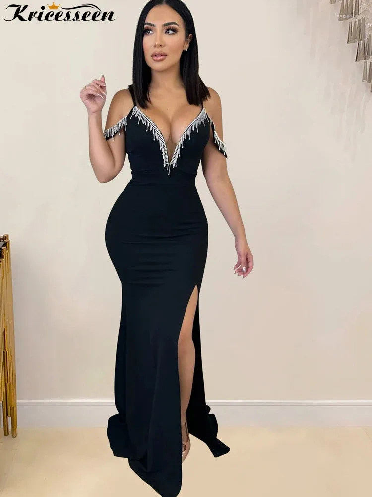 Casual Dresses Kricesseen Sparkle Off Shoulder High Slit Rhinestone fransed Long Maxi Dress Birthday Clubwear Elegant Party