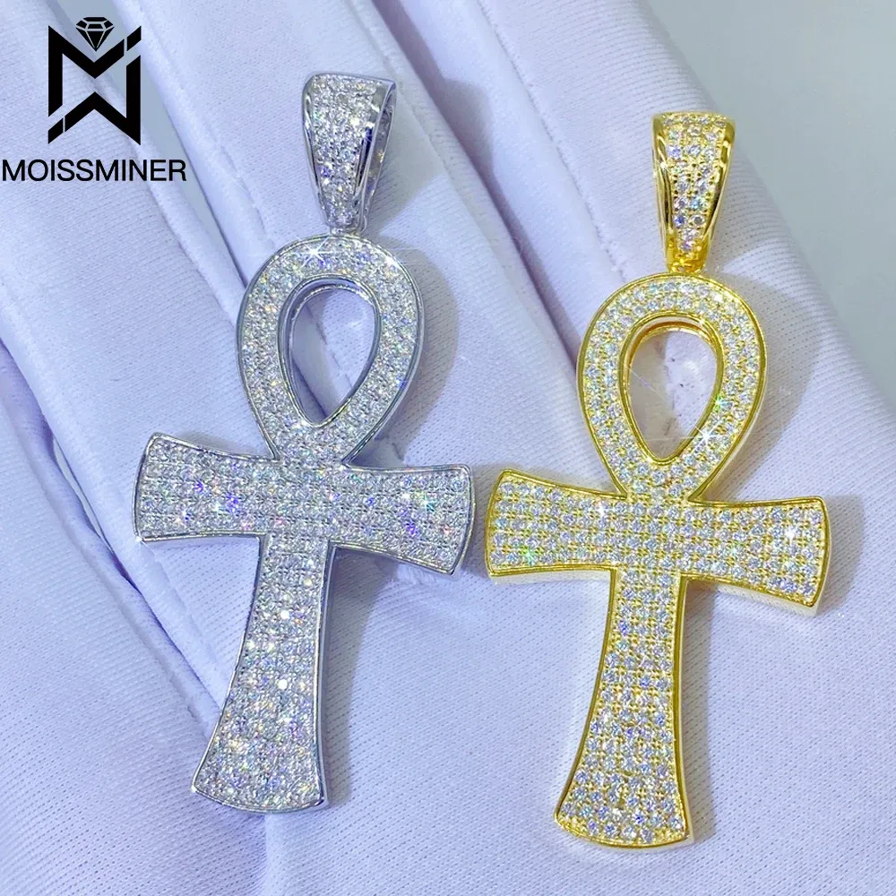 Colliers Moissanite S925 argent rond Round Ankh Cross Pendants Collier Real Diamond Iced Out Colliers For Men Women Jewelry Pass Test Free Free