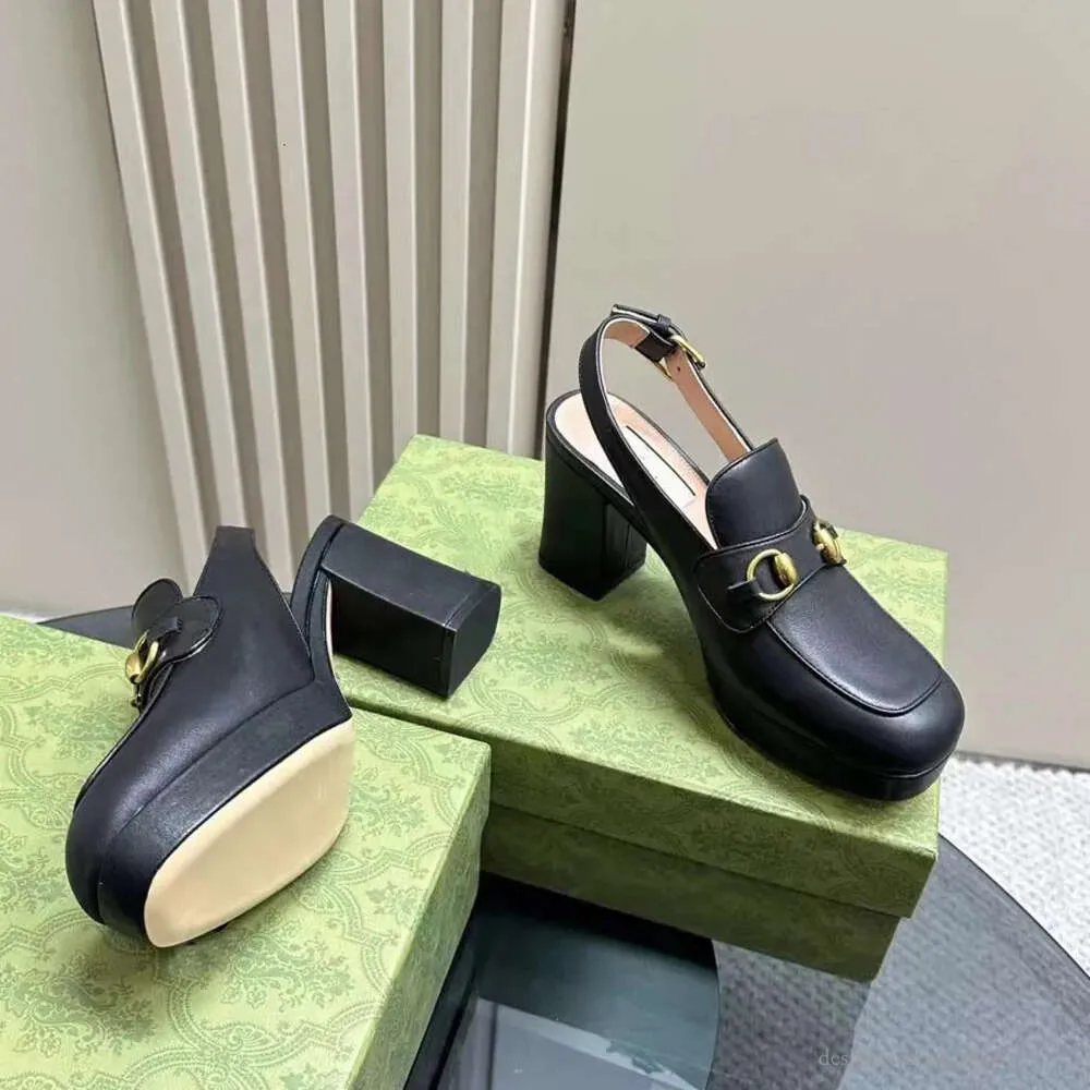 Sandales à talons plateforme pour femmes, talons épais de 8.5cm, chaussures de luxe en cuir véritable, bout carré à la mode avec boucle, Slingbacks Luxury 100% real leather Sandals