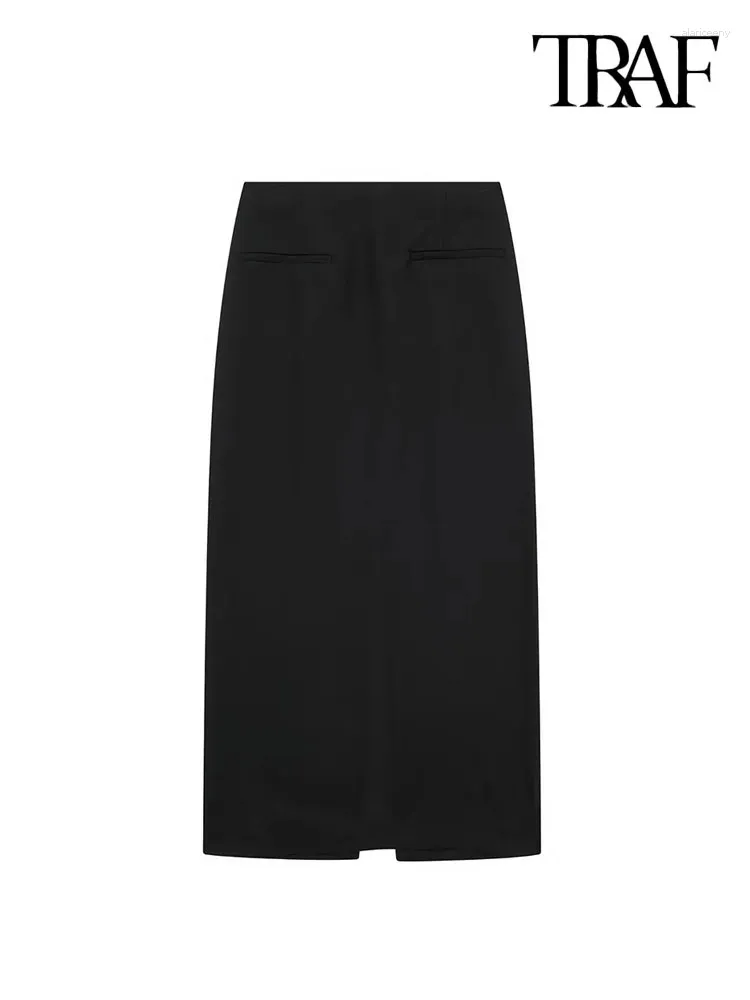 Saias Traf Mulheres Moda Slit Hem Linho Midi Saia Vintage Cintura Alta Zíper Feminino Mujer