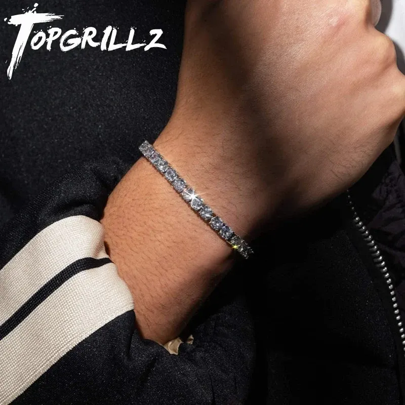 Strands TopGrillz 3mm6mm Spring Buckle Tennis Chain Iced Out Cubic Zirconia 1 fila Tennis Chain Bracelet Men and Women Hip Hop Jóias