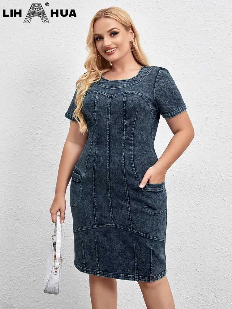 Grundläggande avslappnade klänningar lih hua kvinnors plus storlek denim klänning unik och elegant sommarklänning lämplig för knubbig kvinnors bomullsklänning J240130