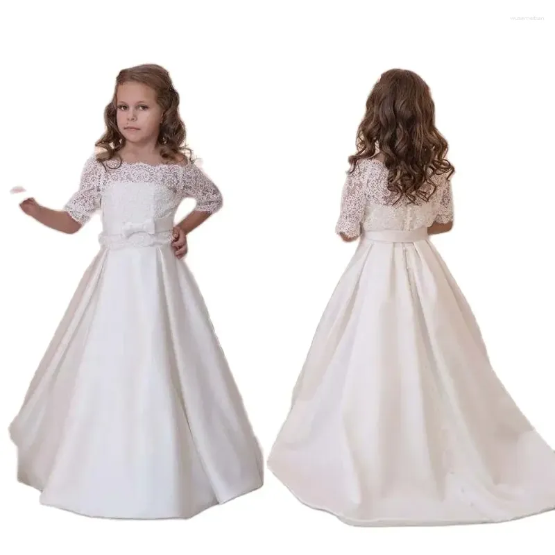 Girl Dresses Elegant Flower Dress For Wedding With Half Sleeves Lace Strapless A Line Ivory Satin Children Bow Ball Gown