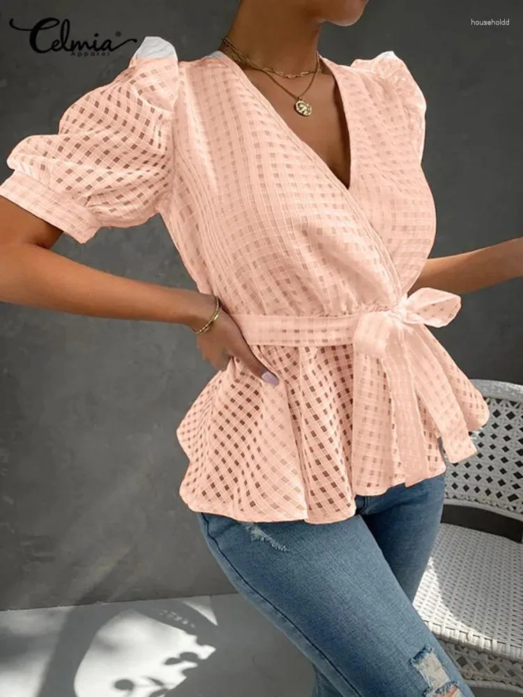 Blusas femininas Celmia 2024 moda blusa de manga bufante com decote em v mulheres escritório senhora camisa vintage transparente xadrez bandagem sexy envolto tops