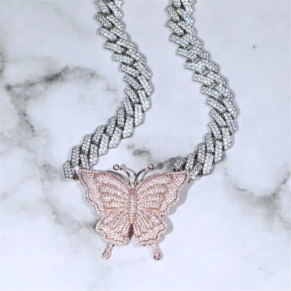 Choker Iced Out Bling 5A Cubic Zirconia White Pink Two Tone Color Butterfly Fashion Cuban Link Chain Choker Necklace Jewelry For W234g