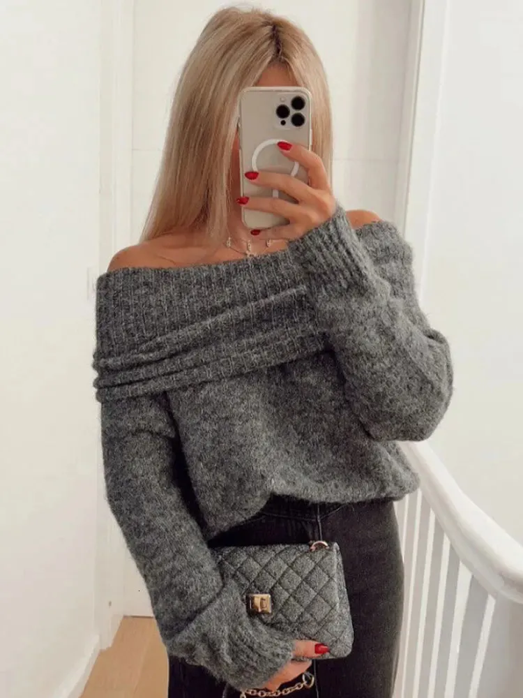 Women Sexy Slash Neck Pullover Sweaters Long Sleeve Off Shoulder Cropped Knitted Top Female Elegant Autumn Solid Knitwear 240131