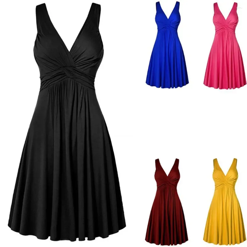 Vestidos casuais mulheres saia plissada com decote em v flare dresse slim sling tamanho retro vestido para mulheres verão