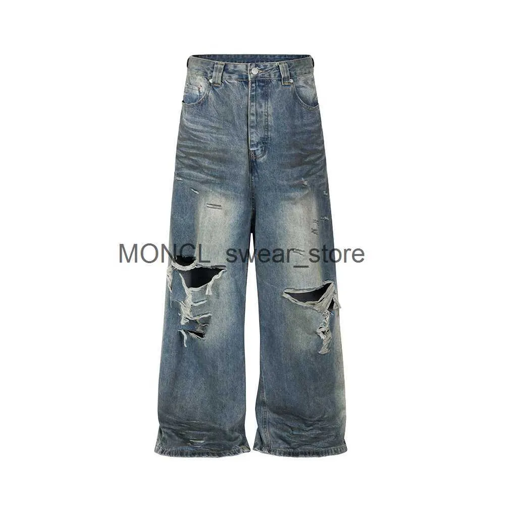 Mäns jeans bråkade skadade hål baggy breda ben jeans för män och kvinnor streetwear casual ropa hombre denim byxor överdimensionerade lastbyxorh24131