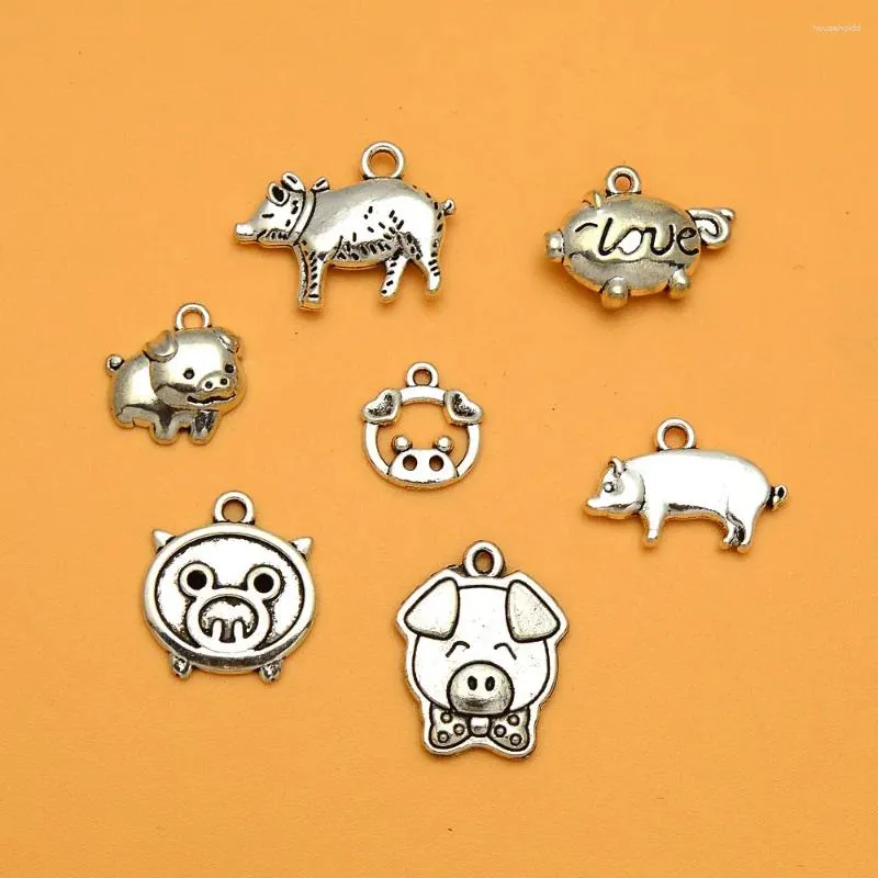 Charms Antique Silver Plated Cute Pig Animals Farm Pendant For Diy Earring Keychain Jewelry Making Findings Supplies Accessories