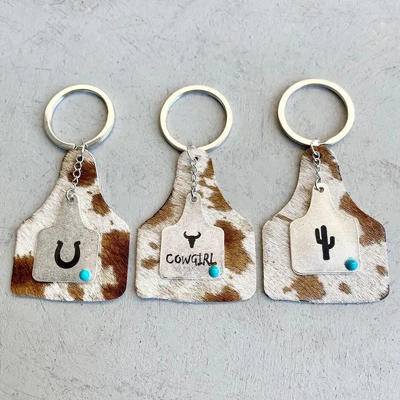 Keychains 2024 Western Jewelry Women Cowhide Leather Cow Tag Key Rings Girl Friend Holder Accessories Original