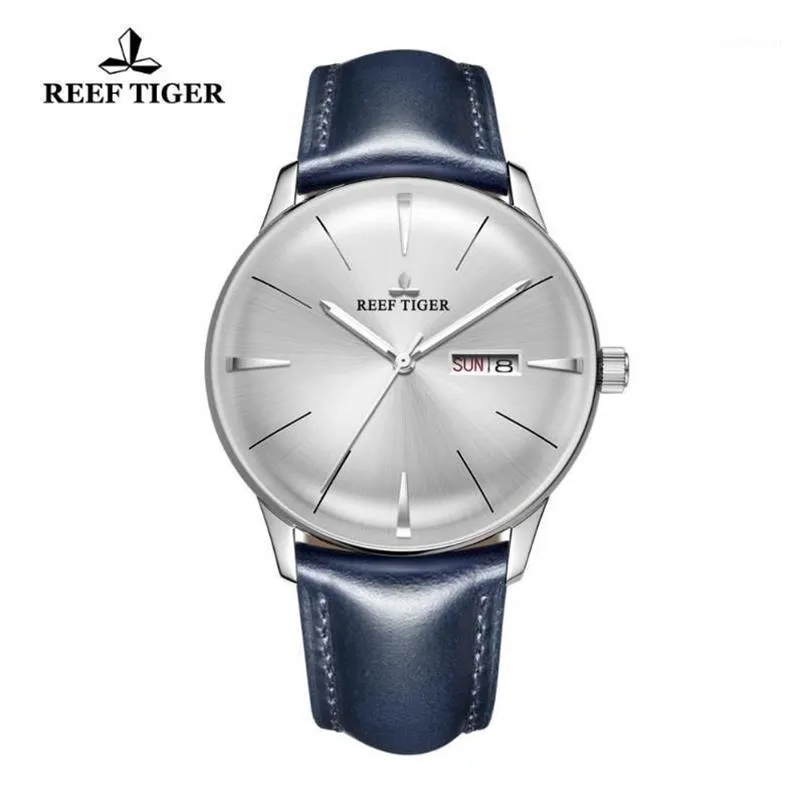 Montres-bracelets 2021 Reef Tiger RT Montres pour hommes Bande de cuir bleu Lentille convexe Cadran blanc Automatique RGA82381227g